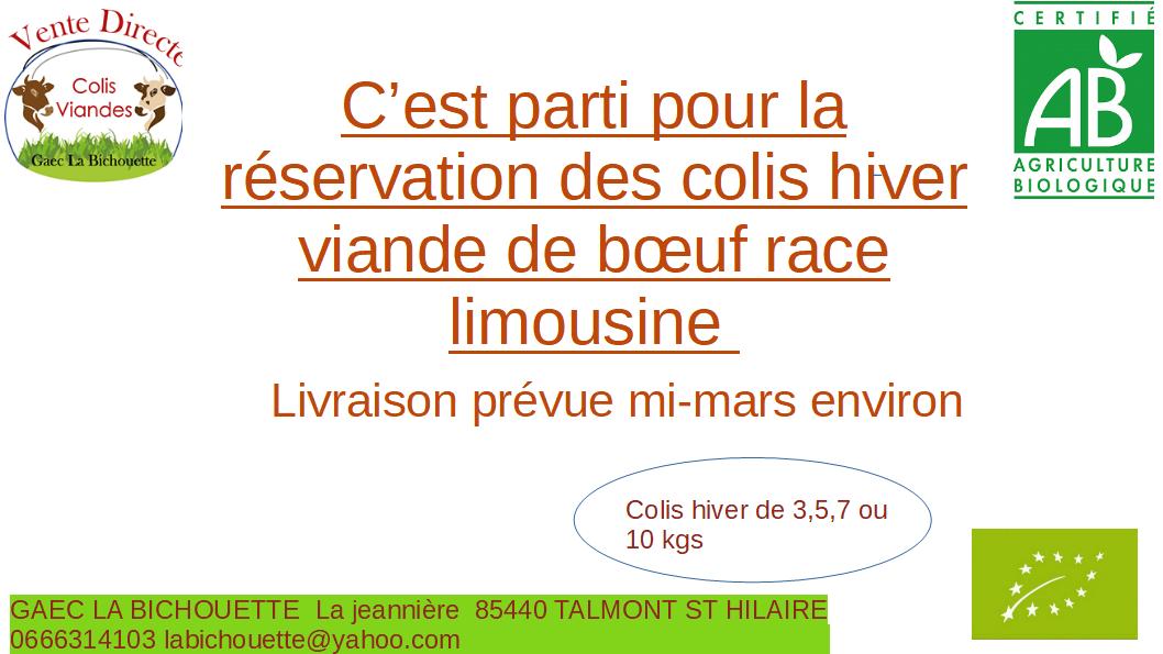 Reservation colis viande, La bichouette Ferme Bio,  Saint-Hilaire-de-Talmont.